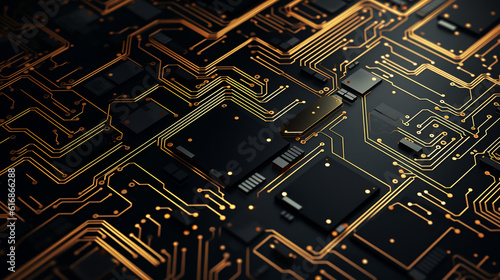 Discover the mesmerizing fusion of technology and aesthetics in stunning black and gold hues on an electronic circuit board. This captivating artwork embodies the allure of innovation.
