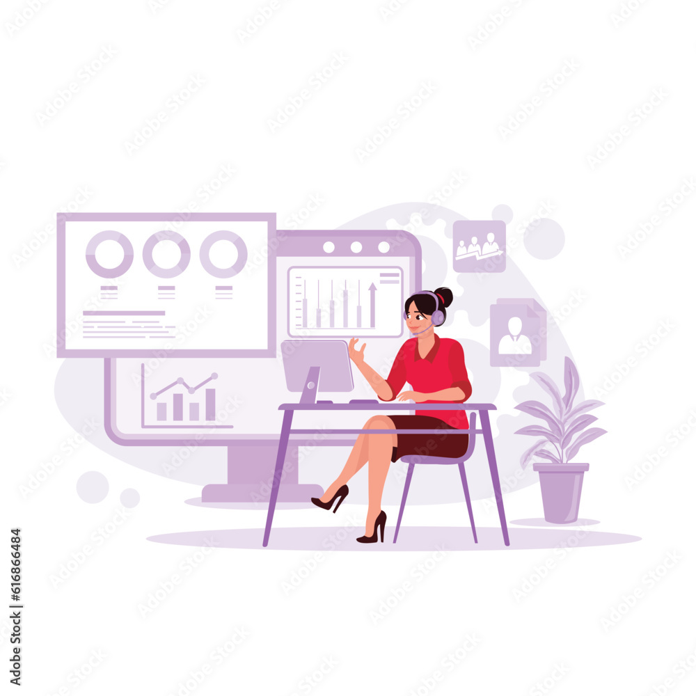 Businesswoman wearing headphones sitting and working with a computer, opening web pages and banners. Trend Modern vector flat illustration.