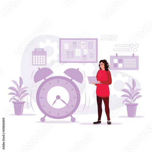 Women are working late in the office and seriously considering the business project deadlines. Trend Modern vector flat illustration.