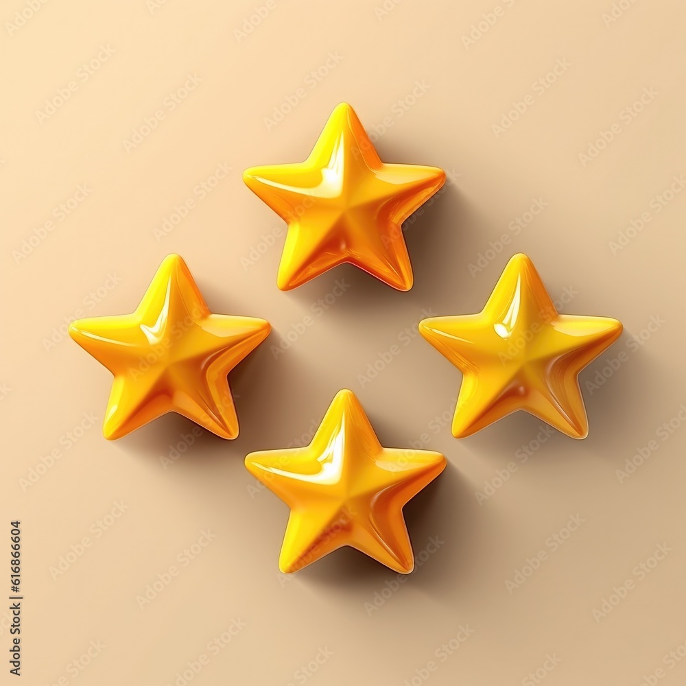 Obraz premium Four golden realistic stars. Golden 3d isolated five stars on dark yellow background. Customer feedback concept. 4 stars rating review. Quality shape design