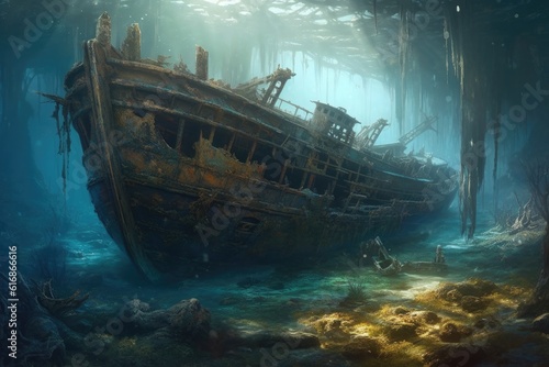 The sunken ship at the bottom of the sea.