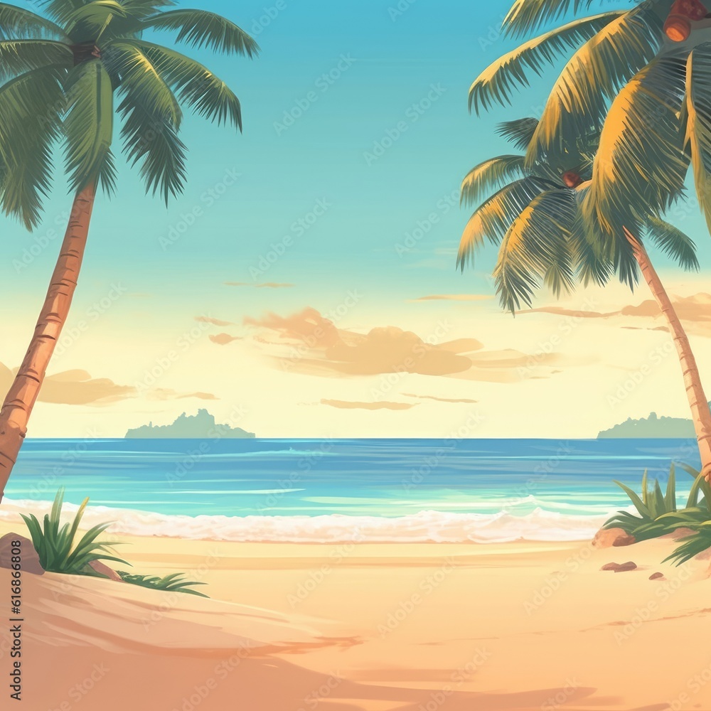 The image displays a scenic tropical beach for web travel. (Illustration, Generative AI)