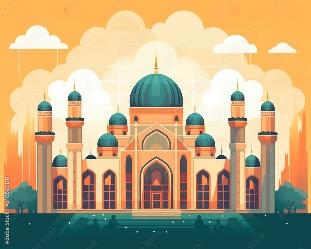 The mosque is a beautiful landmark with Islamic culture icon. (Illustration, Generative AI)