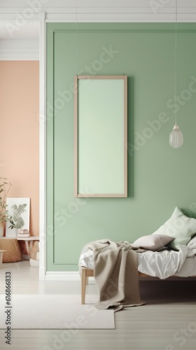 a blank canvas frame hanging above a bedroom baby girl in empty room scandanavian style calming and introspective aesthetic interior design generative ai
