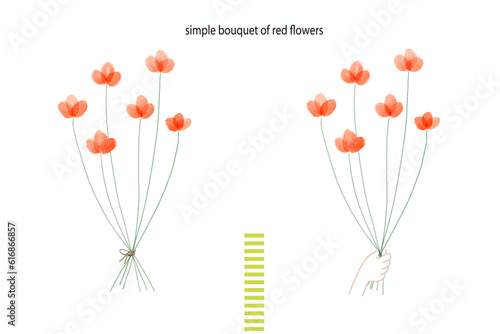 赤い花の花束　手に持っているタイプとリボンのセット