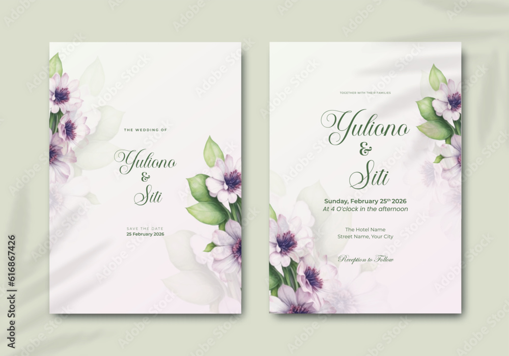 wedding invitation template with flower watercolor premium vector