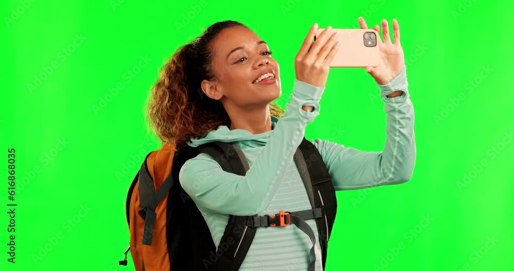 Green screen phone, hiking adventure and happy woman trekking, journey and travel for outdoor nature photography. Forest picture, chroma key cellphone and person walking on studio background Green screen phone, hiking adventure and happy woman trekking, journey and travel for outdoor nature photography. Forest picture, chroma key cellphone and person walking on studio background