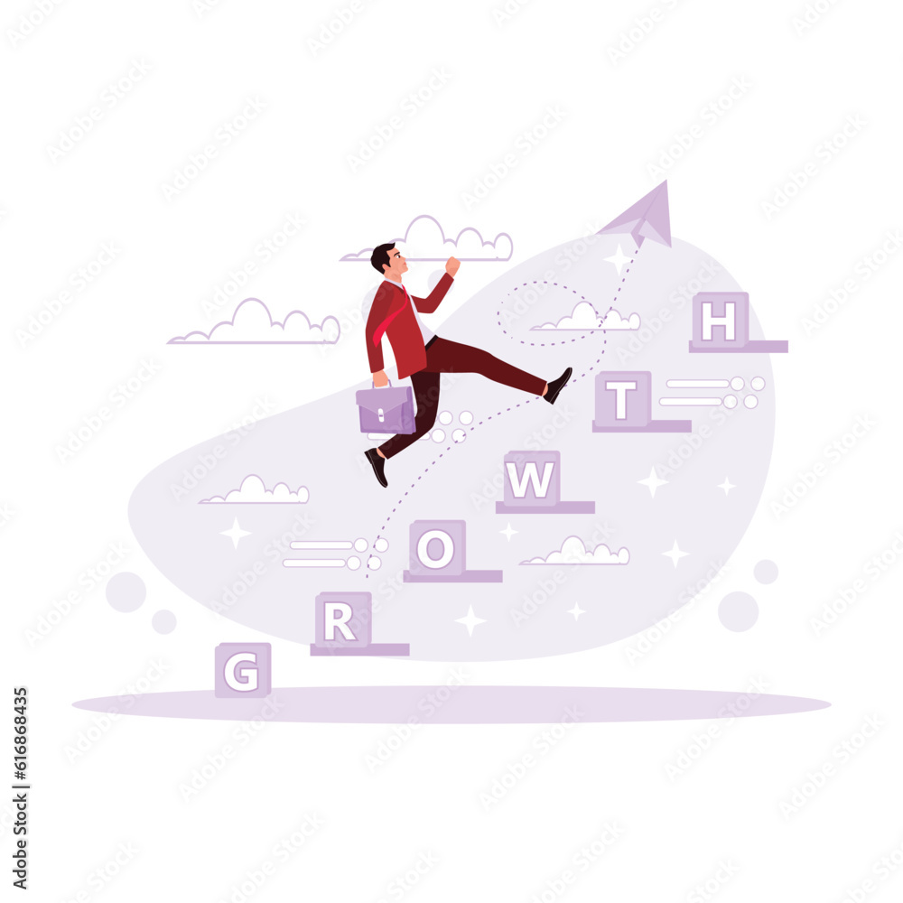 Young businessman walking on stacked blocks. Concept of increasing business growth. Trend Modern vector flat illustration. Young businessman walking on stacked blocks. Concept of increasing business growth. Trend Modern vector flat illustration.