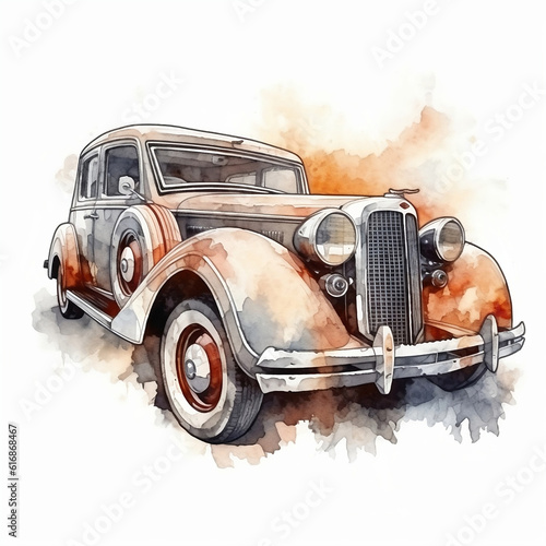 Old retro car. Watercolor illustration in sketch style. Car  transport  vintage. To create postcards  posters for printing  prints. AI generated.