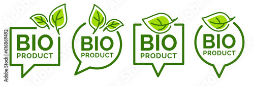 Bio Product, doodle organic leaves emblems, stickers, frames and logo.