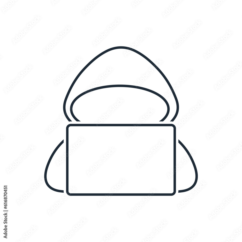 A man with a hood on his head works at a computer. Information technology specialist. IT Expert of assistance, help, advice, remote maintenance, solutions and technical support. Vector linear icon is A man with a hood on his head works at a computer. Information technology specialist. IT Expert of assistance, help, advice, remote maintenance, solutions and technical support. Vector linear icon is