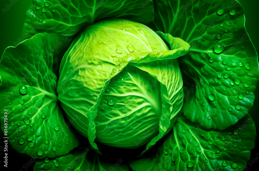 Fototapeta premium Closeup beautiful texture of fresh juicy cabbage or iceberg lettuce with water drops.vegetable background.healthy eating with organic food ingredient.generative ai technology
