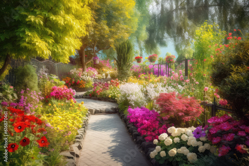 Paradise garden full of flowers, beautiful idyllic background with many flowers in Eden