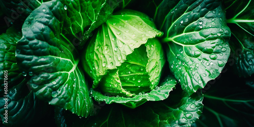 Closeup beautiful texture of fresh juicy cabbage or iceberg lettuce with water drops.vegetable background.healthy eating with organic food ingredient.generative ai technology photo