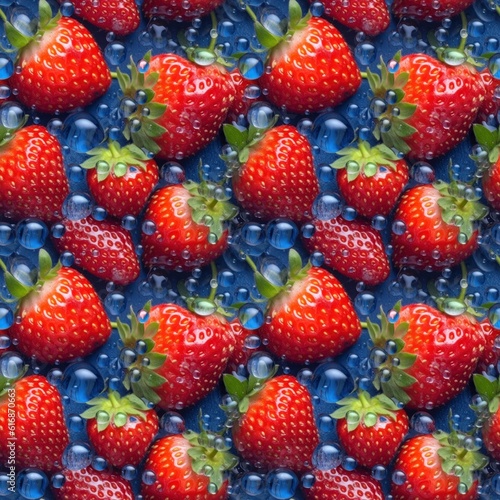 Seamless pattern texture Paradise of strawberries in water with large drops. AI generation 
