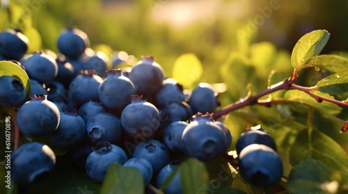 bunch of blueberries on a branch in the morning light, AI-Generated