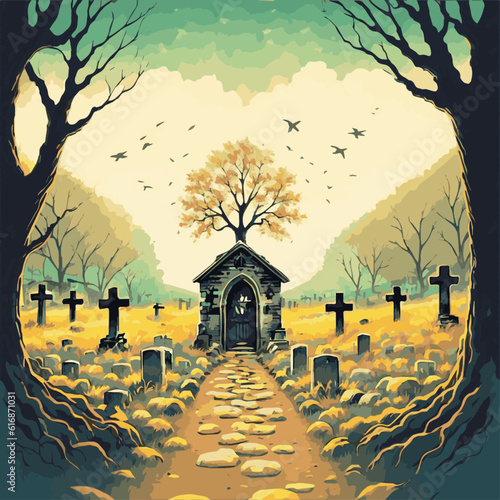 Cemetery, vector, hand drawing, cinematic