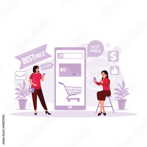 Two women are sitting and standing, opening smartphones, and opening an online retail business omni channel application. Trend Modern vector flat illustration.