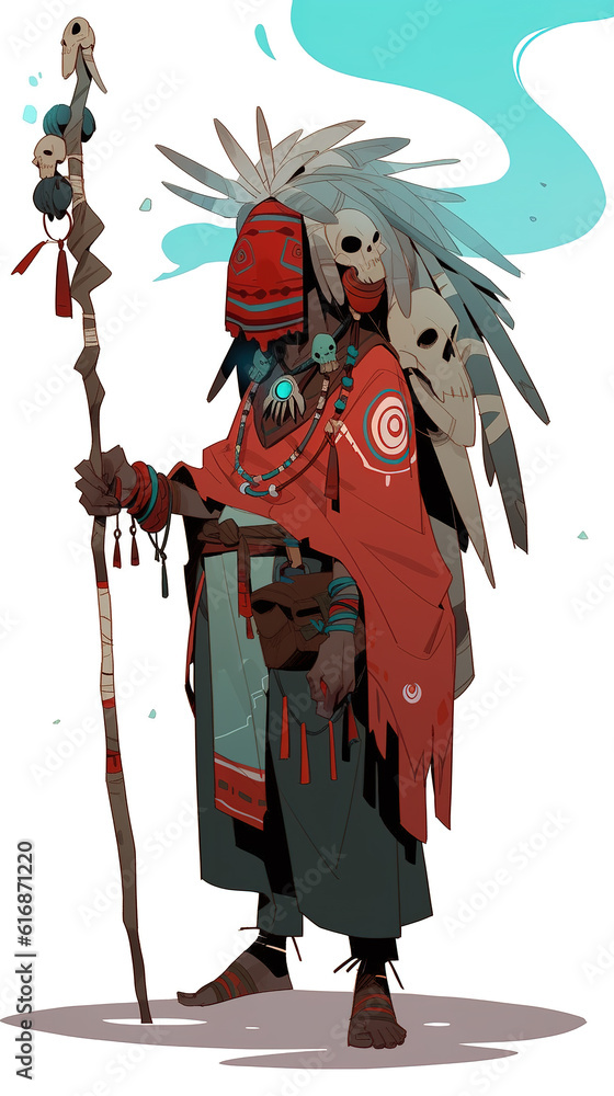 illustraTribal Warrior Shaman, animation styleion of a tribal warrior shaman, staff, wallpaper
