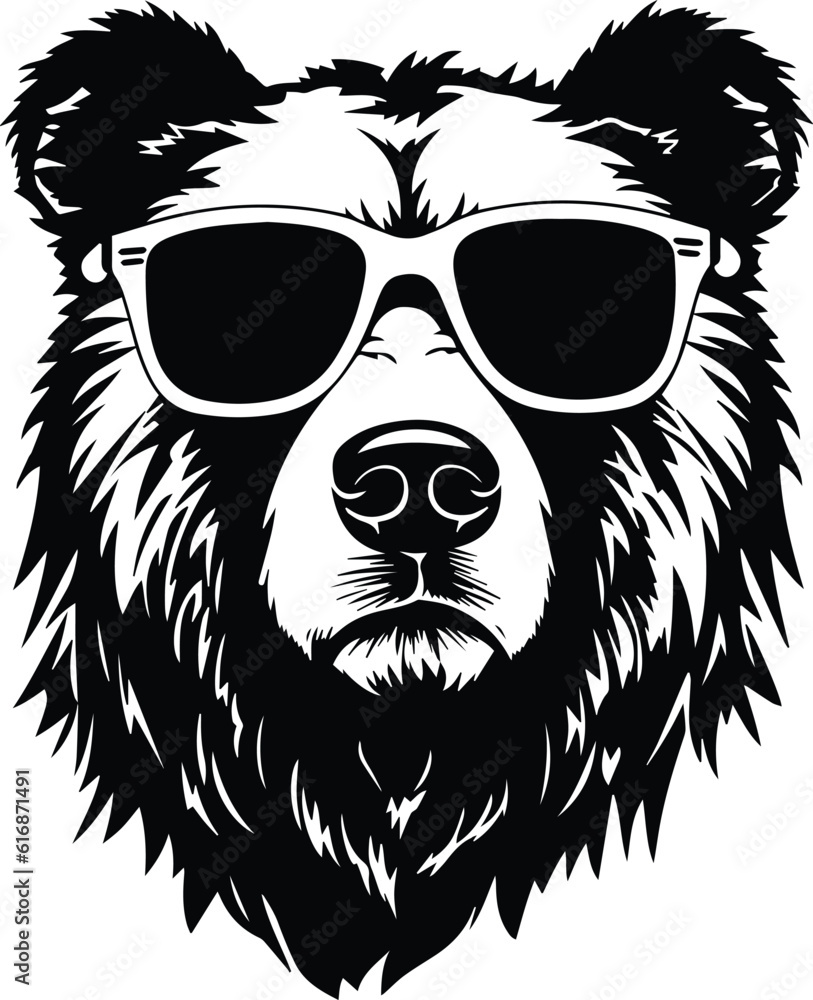 Grizzly Bear In Sunglasess Logo Monochrome Design Style