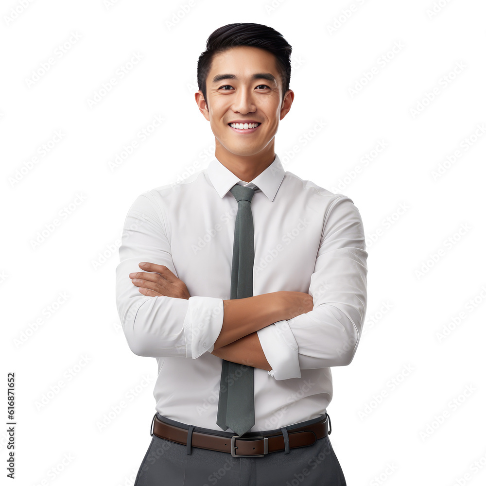 Young handsome asian man happy face smiling with crossed arms looking at the camera. Positive Successful businessman, isolated on white transparent background, ai generate - obrazy, fototapety, plakaty 