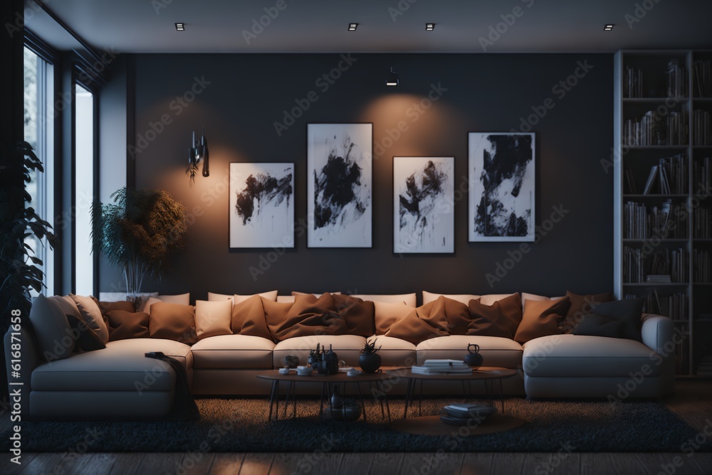 Modern Luxury Living Room Interior with Comfortable Sofa Bed, generative ai Modern Luxury Living Room Interior with Comfortable Sofa Bed, generative ai