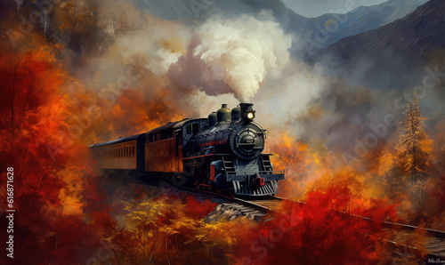a wooden steam train in the mountains with mountains in the background