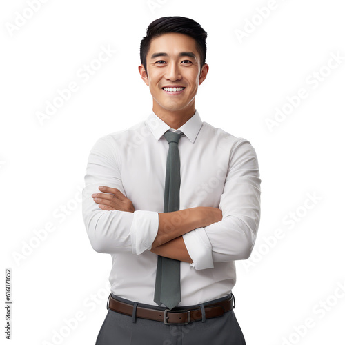 Young handsome asian man happy face smiling with crossed arms looking at the camera. Positive Successful businessman, isolated on white transparent background, ai generate photo