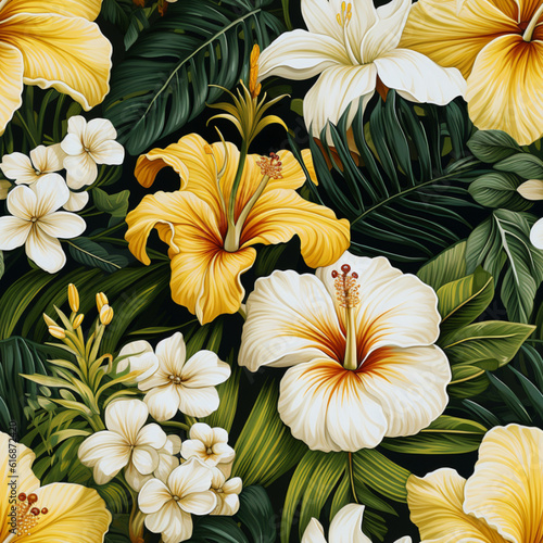 Tropical Garden on the black background Seamless Pattern Made with Generative AI 