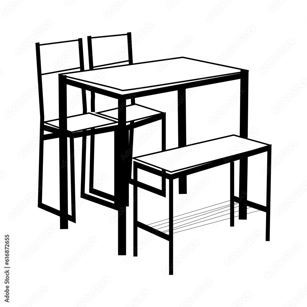 Spacious dining room with wooden table and chairs. 3D .High angle view of dining table. covered dining table Spacious dining room with wooden table and chairs. 3D .High angle view of dining table. covered dining table