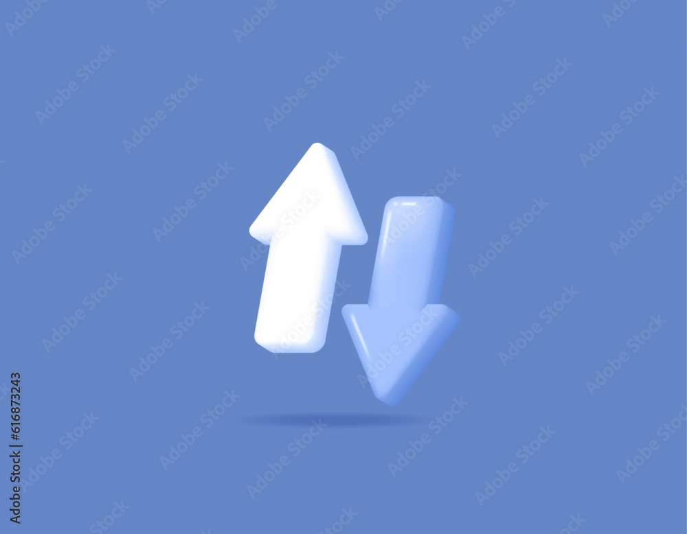 3D symbol and icon from the internet. Upload download. Data transmission and networking. up and down arrows. 3D and realistic vector element design. blue background 3D symbol and icon from the internet. Upload download. Data transmission and networking. up and down arrows. 3D and realistic vector element design. blue background