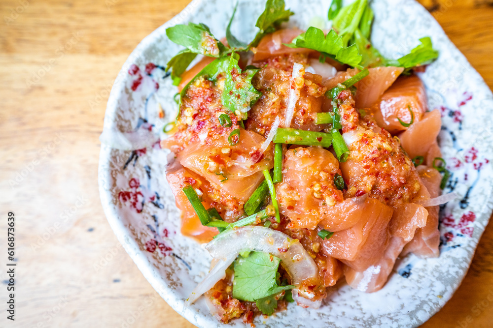 salmon sashimi with spicy sauce in Japanese restaurant, Japanese Food salmon sashimi with spicy sauce in Japanese restaurant, Japanese Food