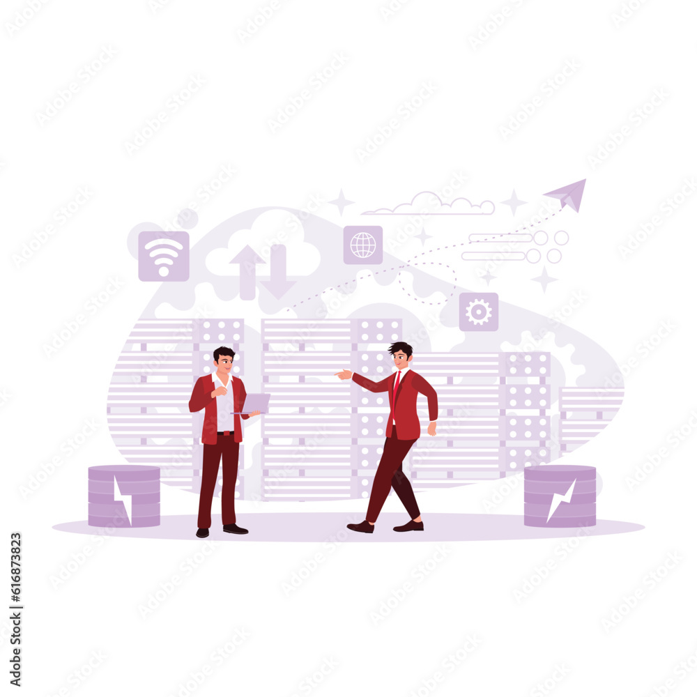 Two expert IT technicians worked together in a data center, listing server racks with laptops. Trend Modern vector flat illustration. Two expert IT technicians worked together in a data center, listing server racks with laptops. Trend Modern vector flat illustration.