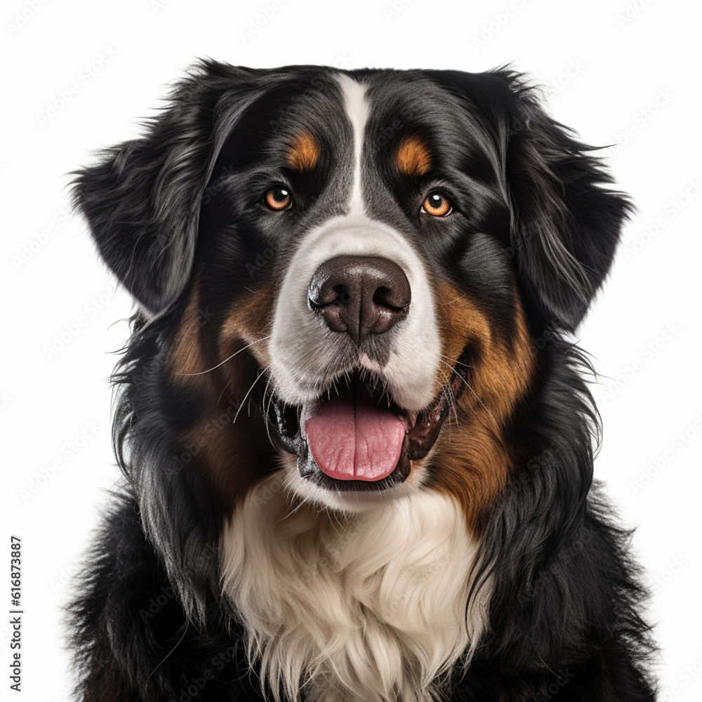 Illustration, AI generation. Bernese Mountain Dog  face shot , isolated on white background. Pet, dog.