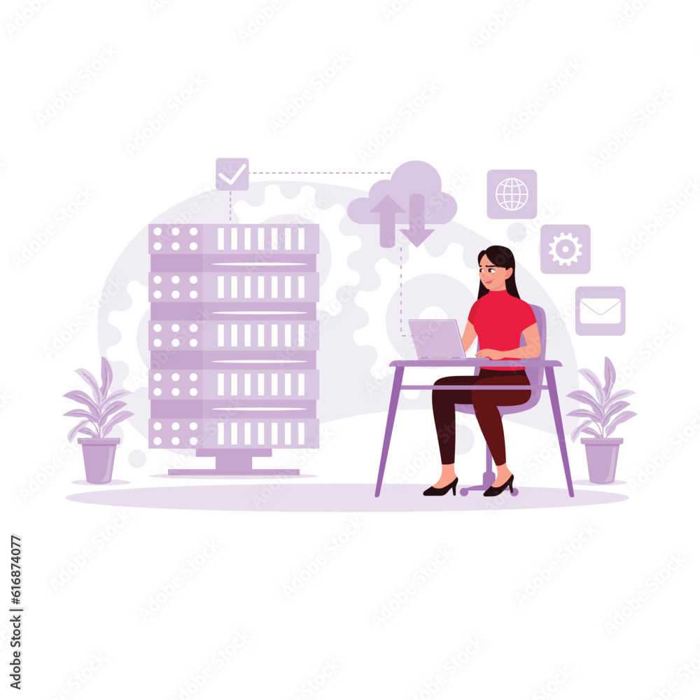female technician sitting and working on laptop, analyzing server in data center. Trend Modern vector flat illustration.
