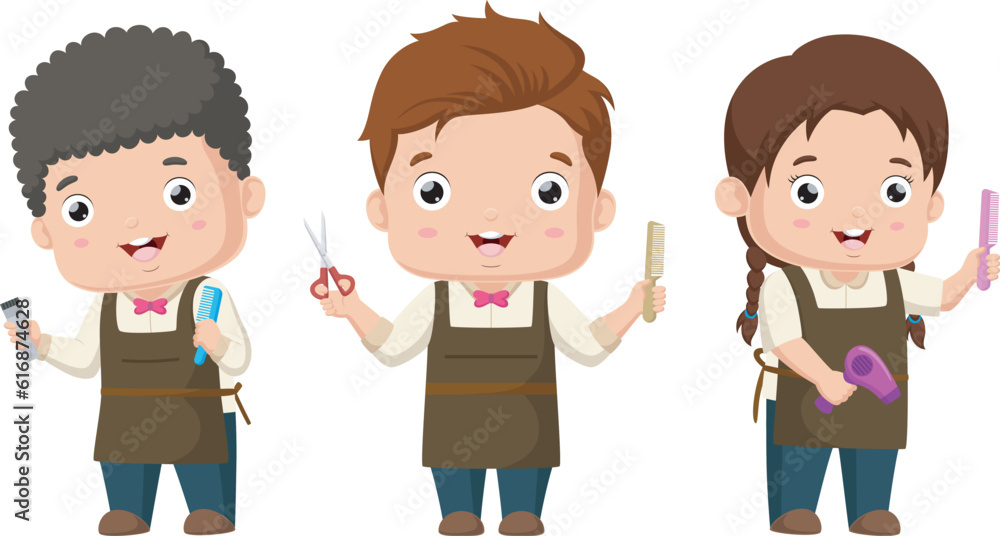 Set of cute hairdresser kid cartoon Set of cute hairdresser kid cartoon