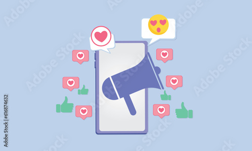 post information notification from hand with megaphone or loudspeaker on phone with pin eg. flat cartoon announcement notification banner sign.on blue background