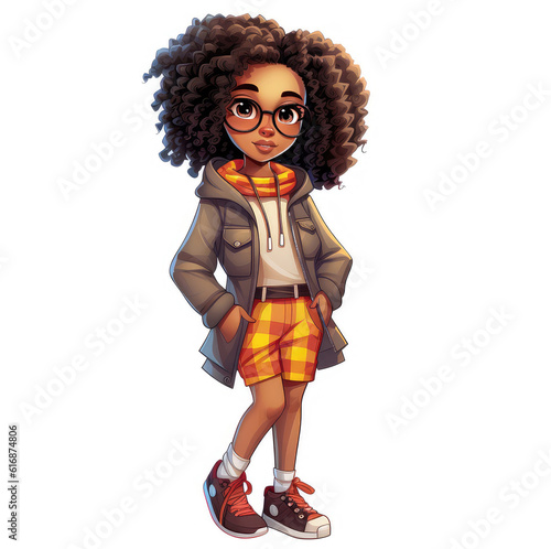 Sticker of a cute afro girl in urban clothes isolated on white background