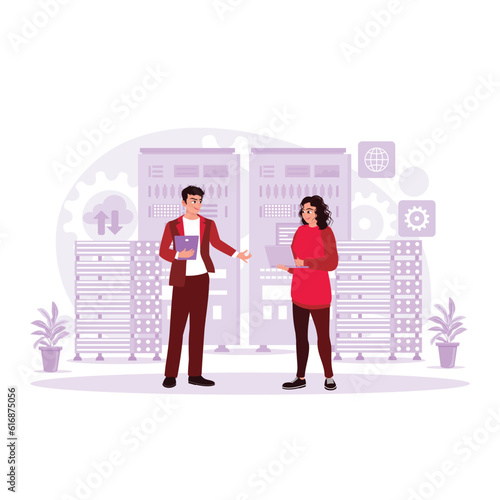 IT specialist and female server technician working together in the data center. Trend Modern vector flat illustration.