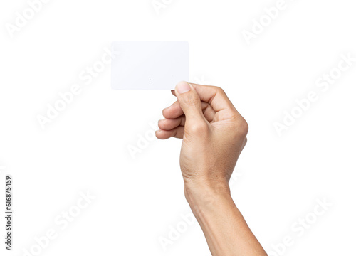 business man hand holding business card isolated on white background with clipping path
