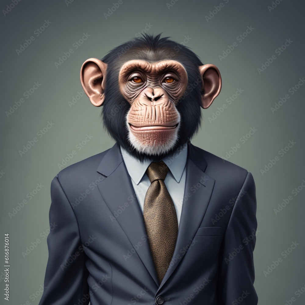 A chimpanzee dressed as a businessman.