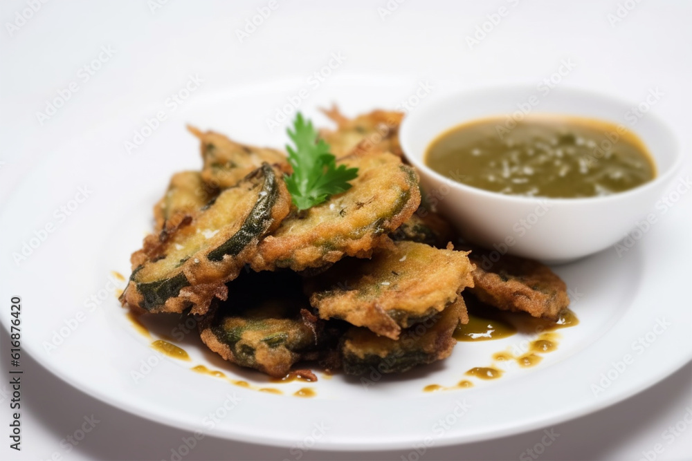 a plate of fried eggplant and celery leaves on a white background