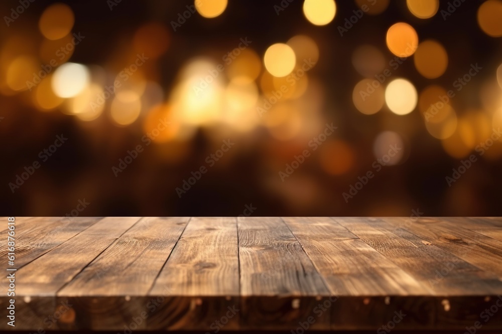 Empty wooden table top with blurred background. Generative AI.