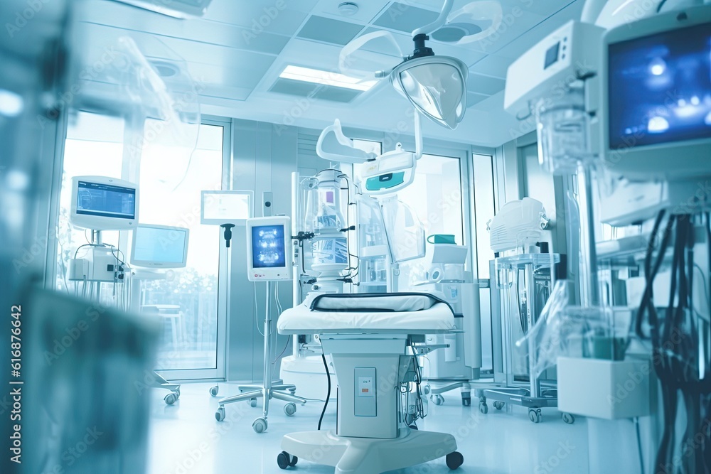 Equipment and medical devices in modern operating room. Generative AI. Equipment and medical devices in modern operating room. Generative AI.