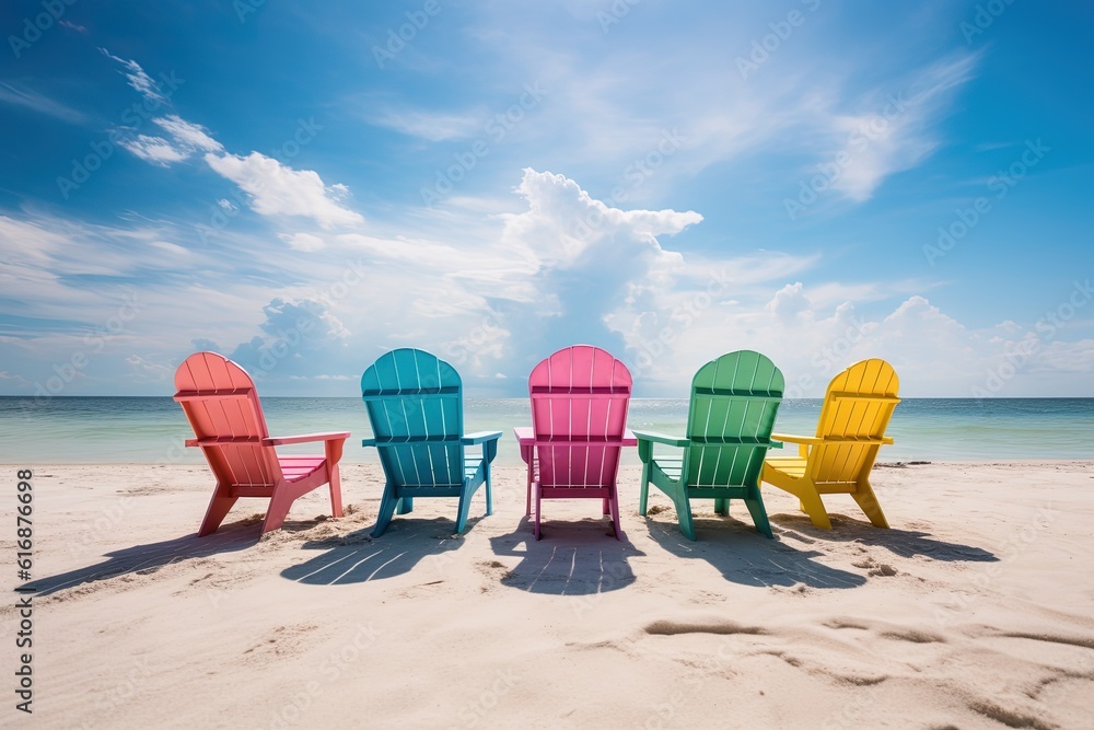 Colorful chairs on beach. Generative AI. Colorful chairs on beach. Generative AI.