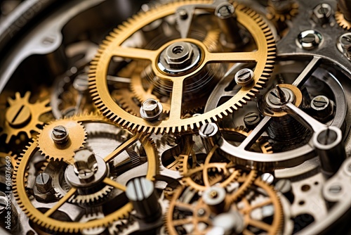 Gears and cogs in clockwork watch mechanism. Generative AI.