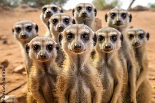 Group of meerkats standing upright and looking. Generative AI. © Bargais