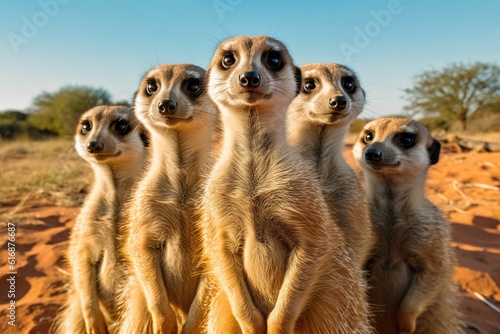 Group of meerkats standing upright and looking. Generative AI.