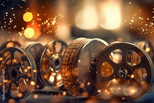 Old cinema film reels with bokeh background. Generative AI.