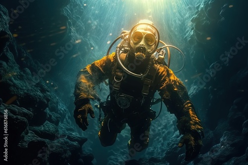 Scuba deep sea diver swimming in a deep ocean cavern. Generative AI.